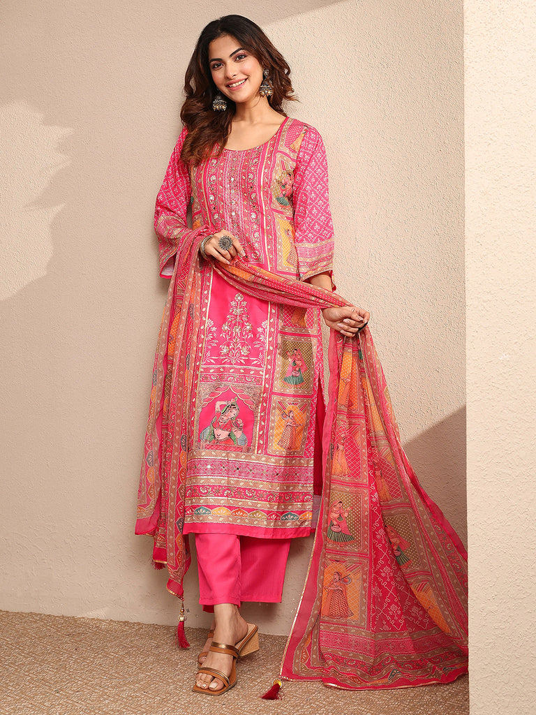 Libas Pink Printed Silk blend Straight Suit Set With Dupatta