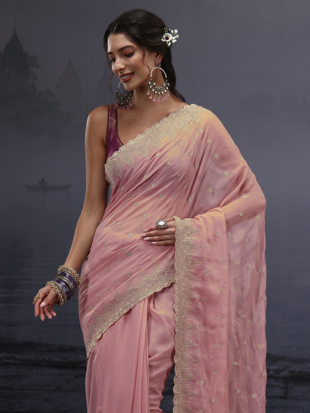  Libas Pink Stone Work Embellished Georgette Saree 