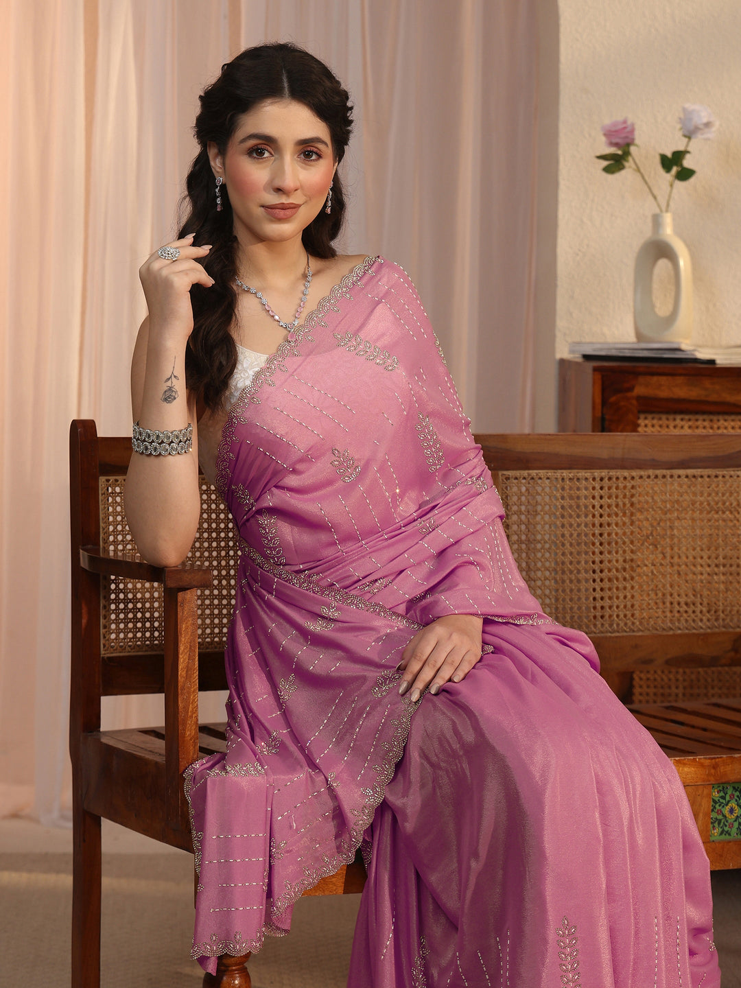  Libas Pink Stone Work Embellished Satin Saree with Scalloped Border 