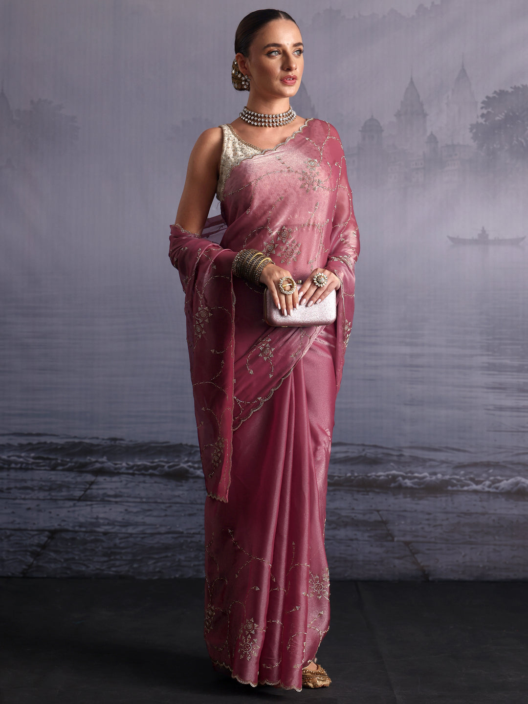 Libas Pink Stone Work Embellished Tissue Saree with Scalloped Border
