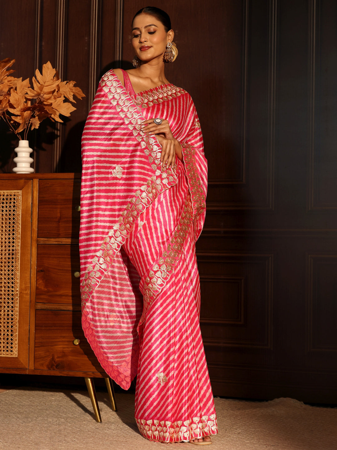 Libas Pink Striped Satin Saree With Embellished Border