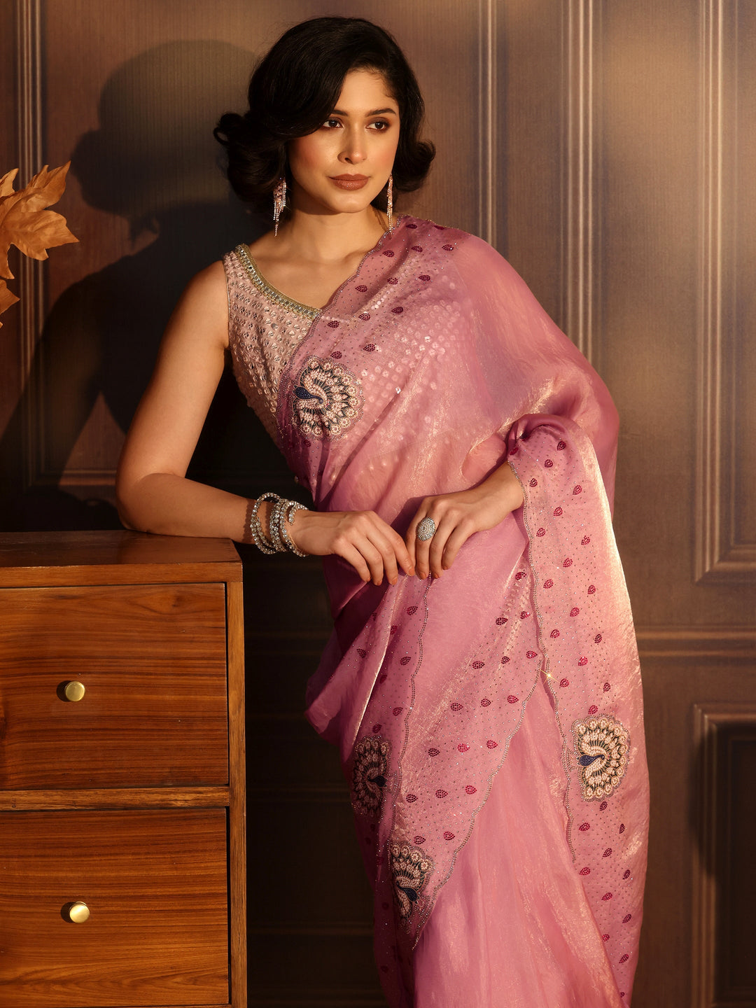 Libas Pink Tissue Saree with Peacock Border
