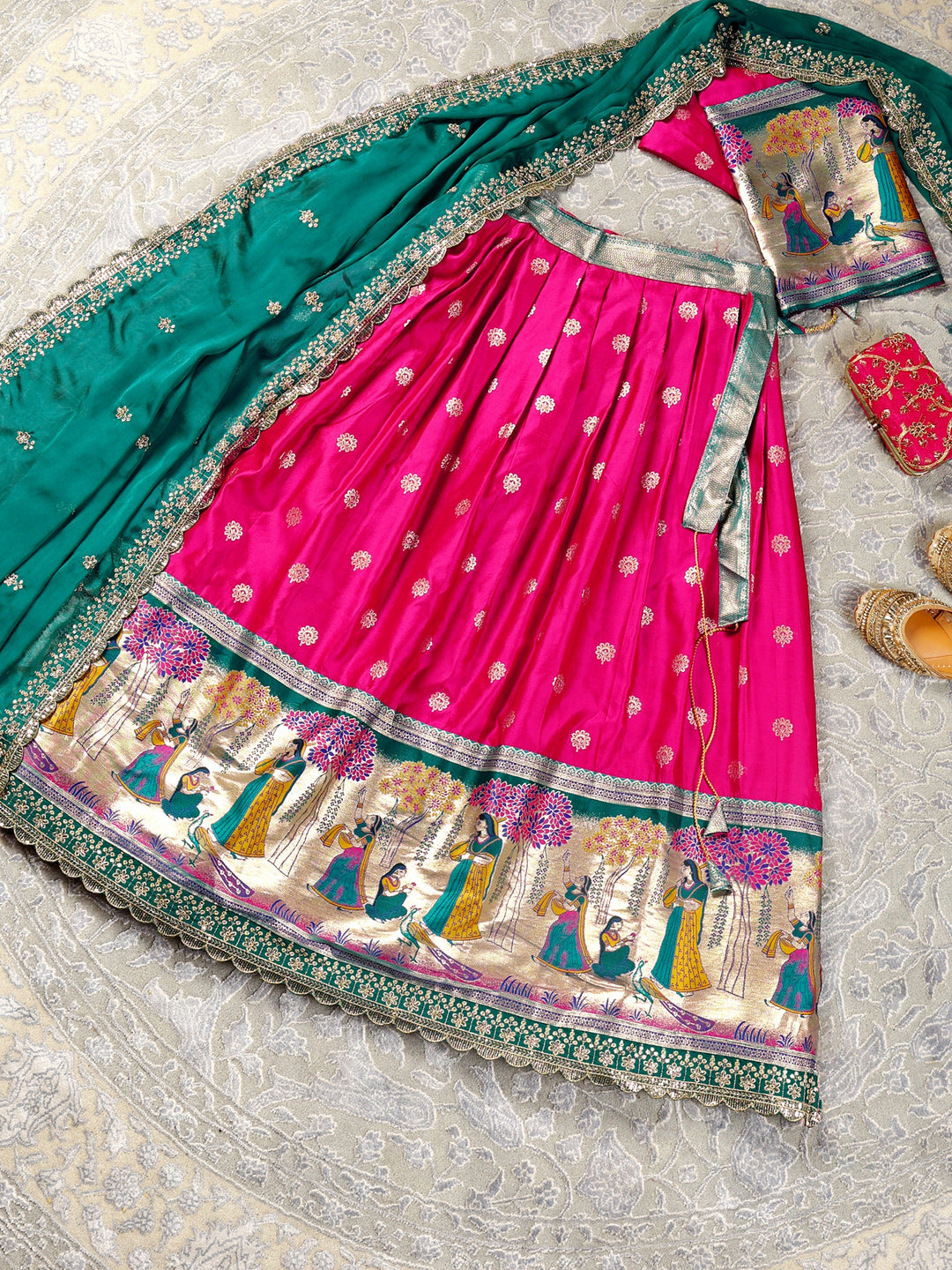 Libas Pink Tribal Printed Brocade Semi-Stitched Lehenga Choli