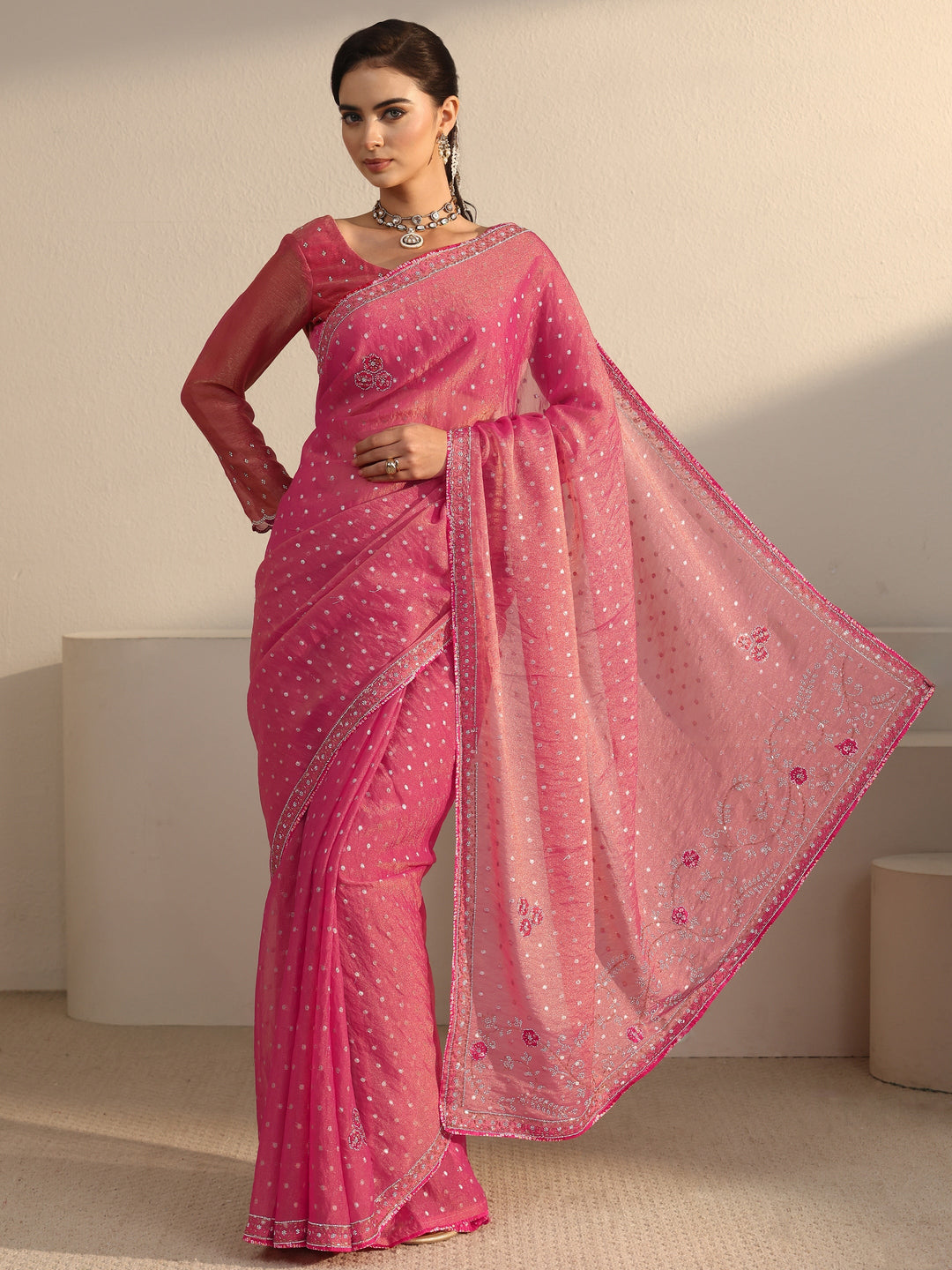 Libas Pink Woven Design Tissue Saree with Embellished Border