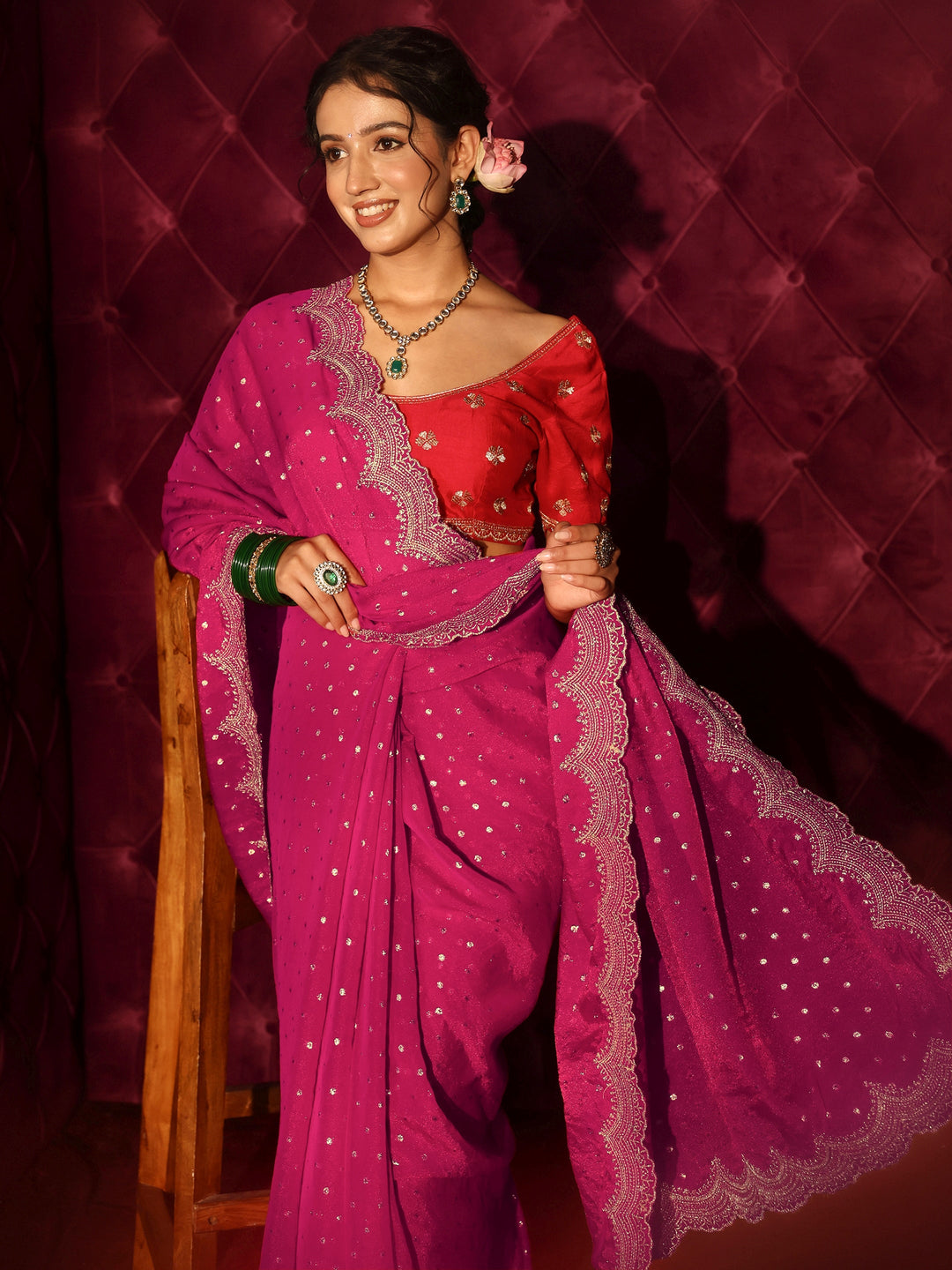  Libas Pink Woven Design Tissue Saree with Scalloped Border 