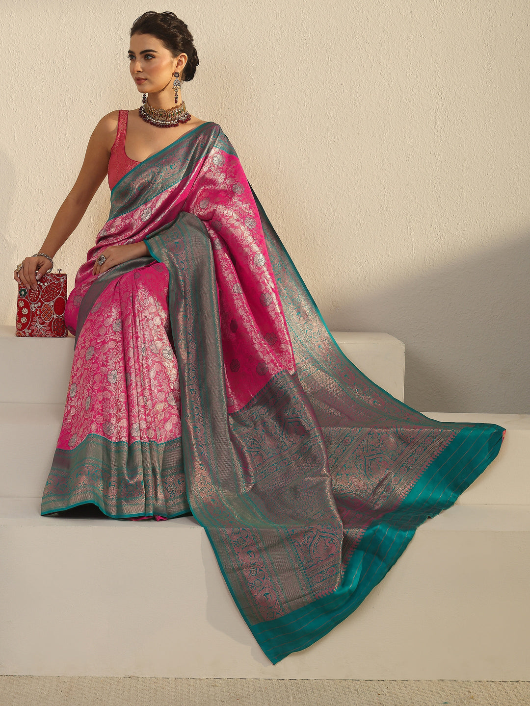 Libas Pink and Blue Floral Woven Design Silk Blend Saree