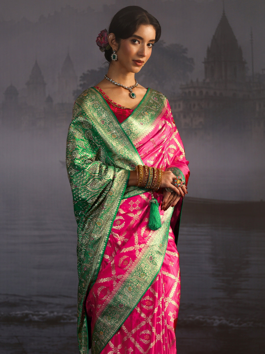  Libas Pink and Green Ethnic Woven Design Silk Blend Saree 