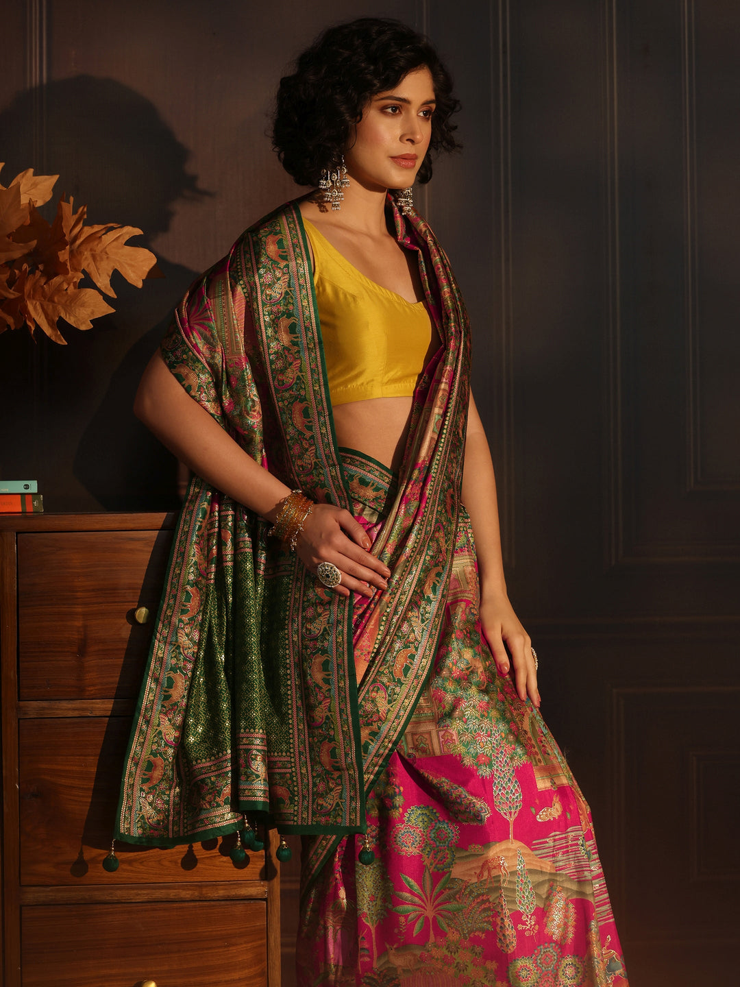  Libas Pink and Green Mughal Printed Silk Blend Saree 