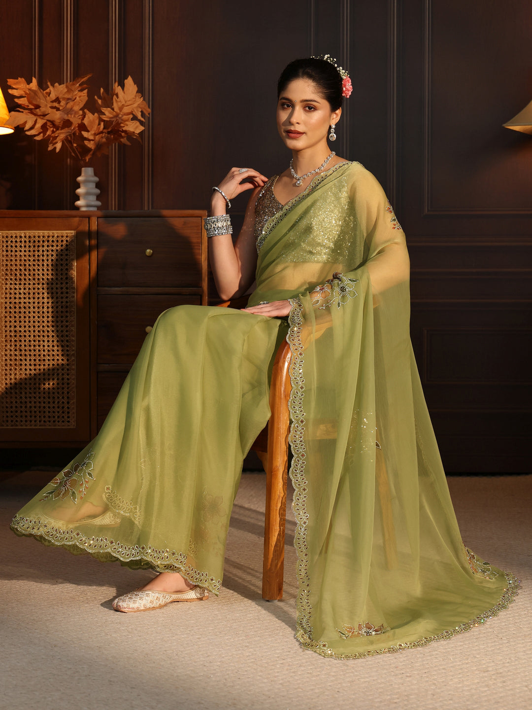 Libas Pista Green Floral Embellished Chiffon Saree