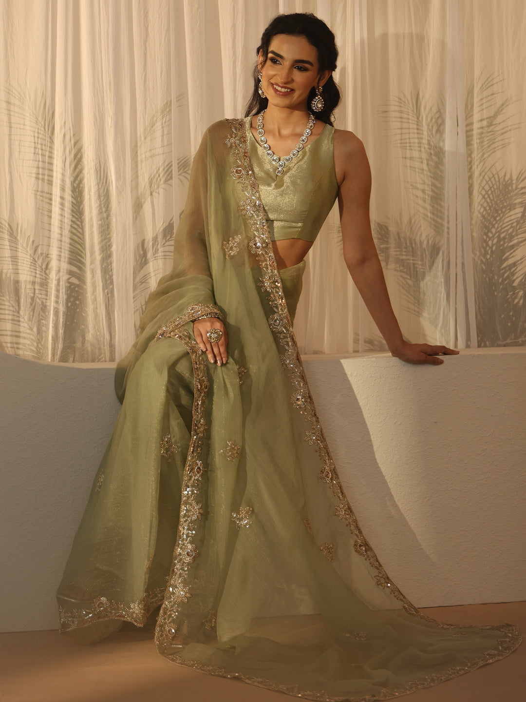  Libas Pista Green Floral Embellished Tissue Saree 