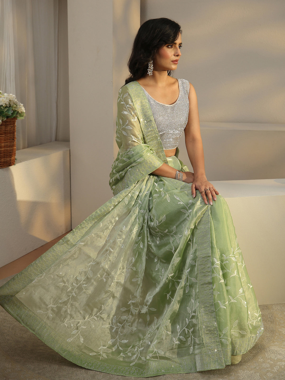  Libas Pista Green Floral Embellished Tissue Saree 