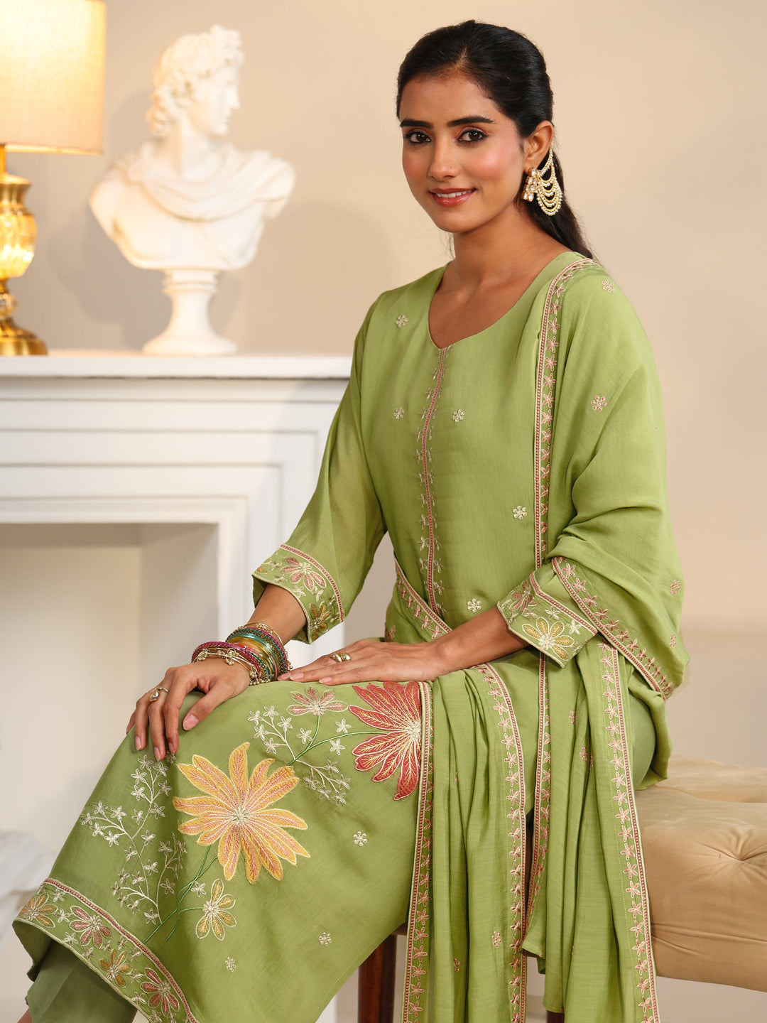  Libas Pista Green Floral Embroidered Chanderi Silk Straight Suit Set 