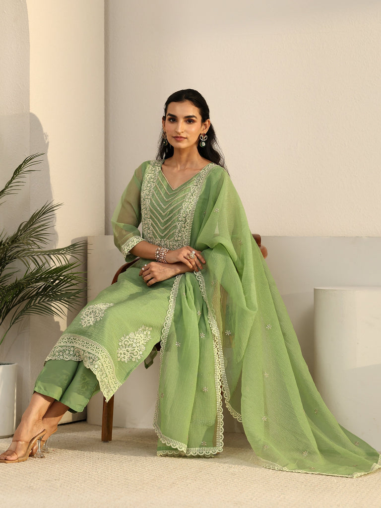 Libas Pista Green Floral Embroidered Chiffon Straight Suit Set