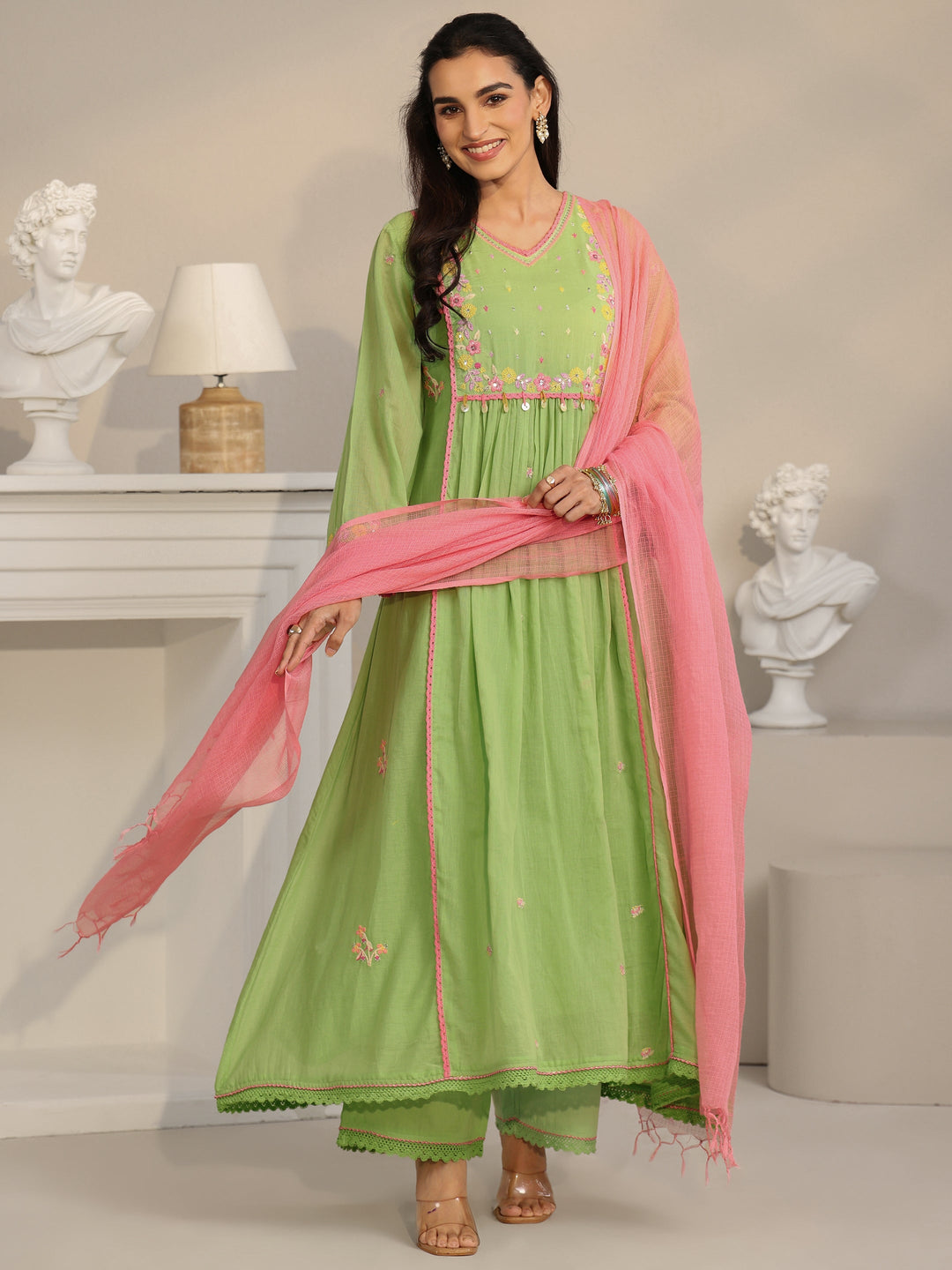  Libas Pista Green Floral Embroidered Cotton Anarkali Suit Set 