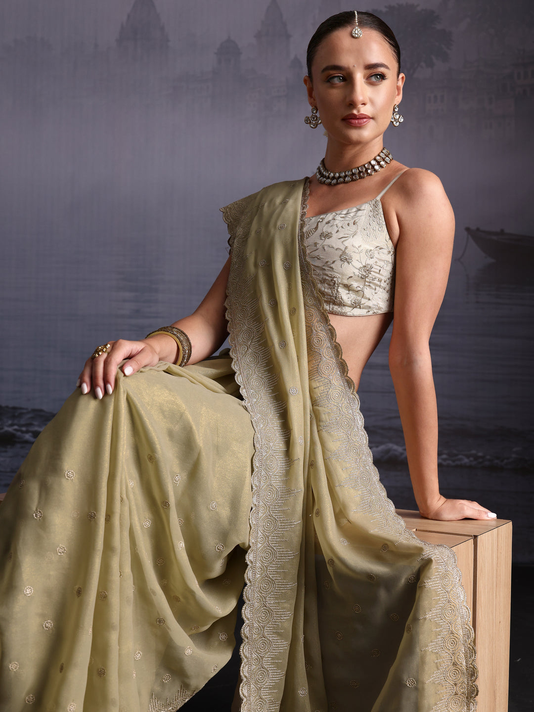 Libas Pista Green Floral Embroidered Georgette Saree with Scalloped Border