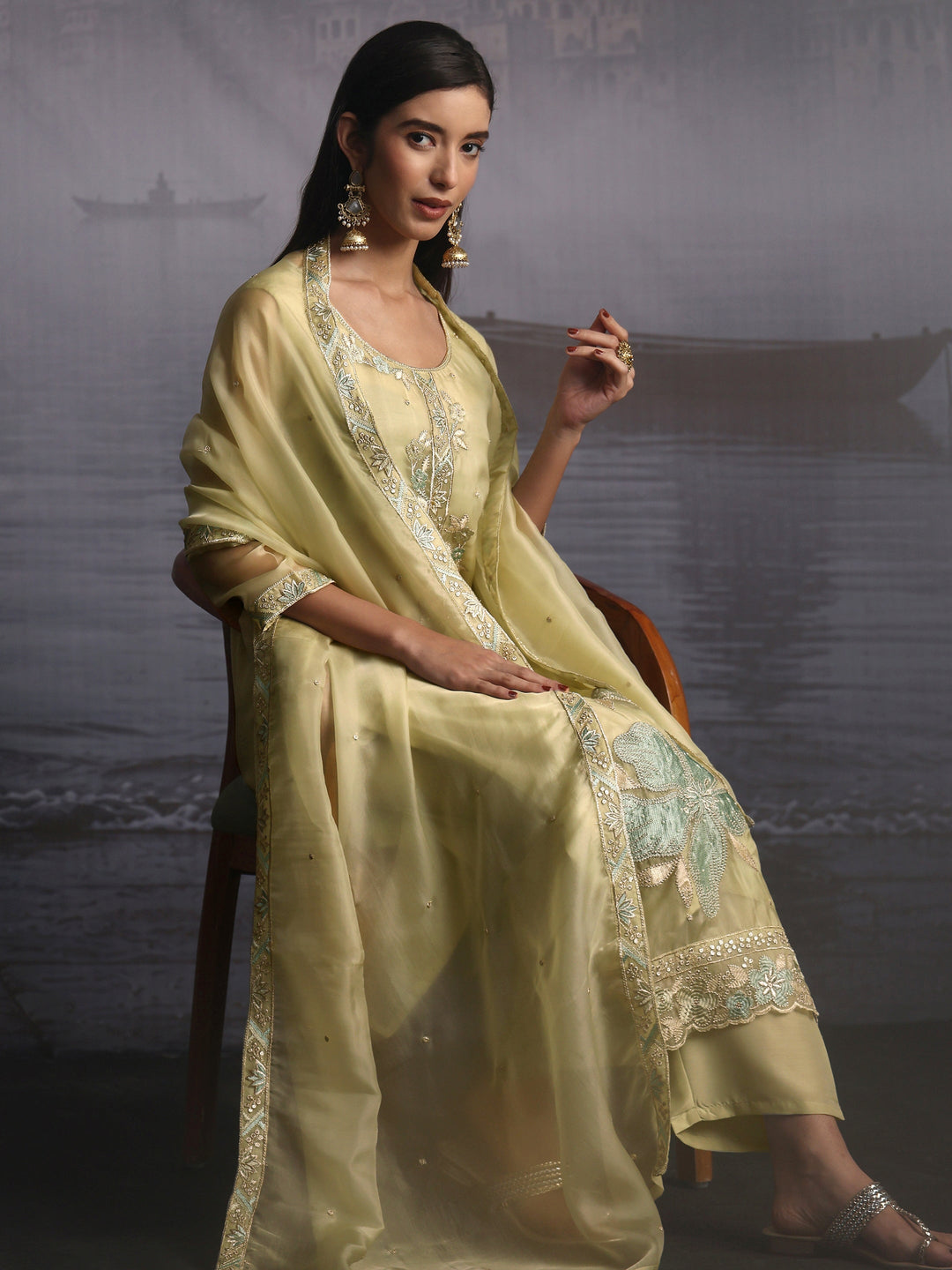 Libas Pista Green Floral Embroidered Organza Straight Suit Set