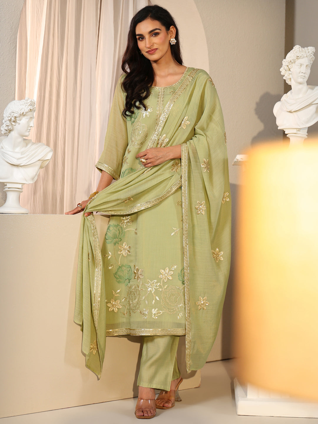  Libas Pista Green Floral Embroidered Silk Blend Straight Suit Set 