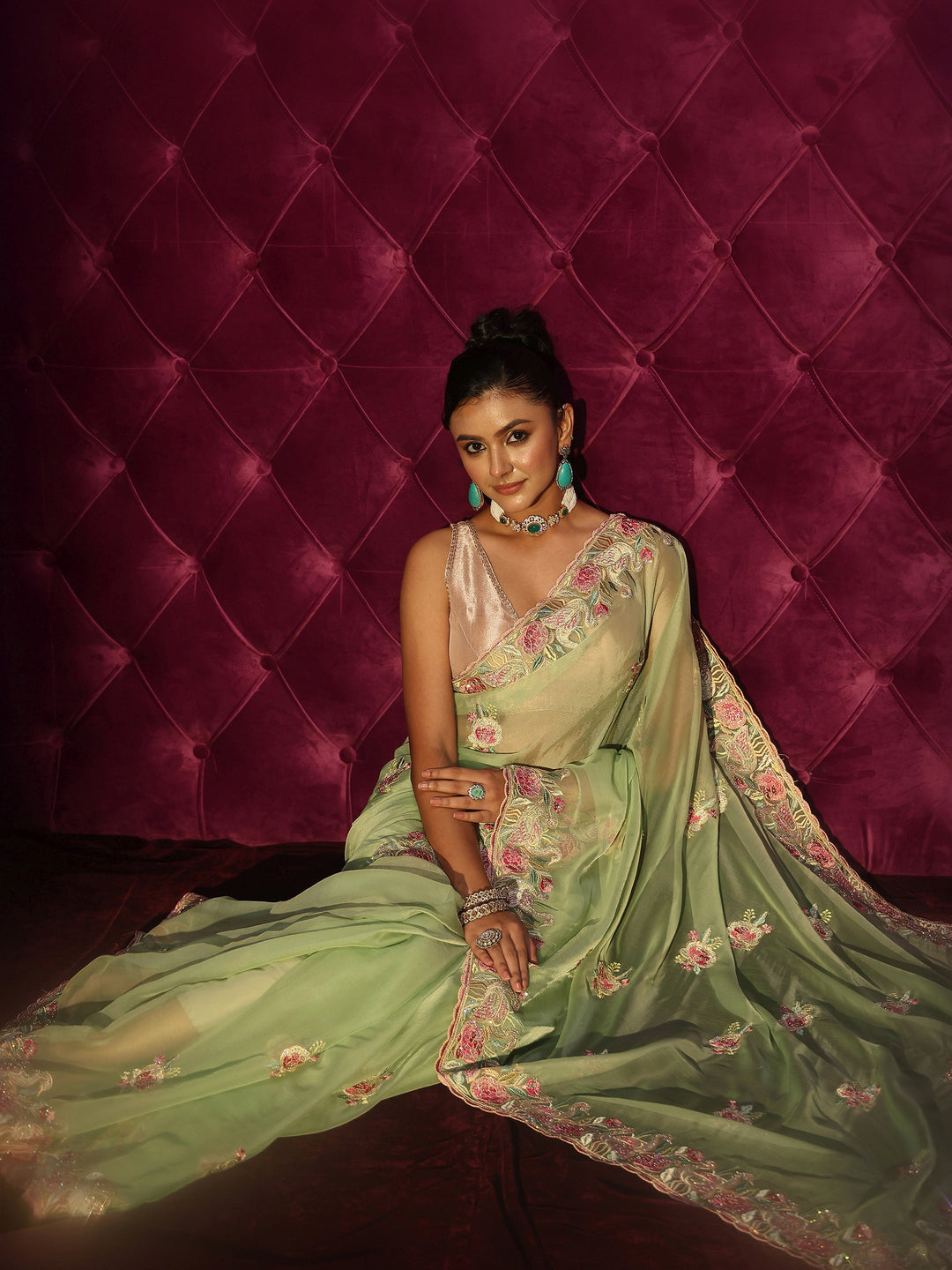 Libas Pista Green Floral Stone Work Embellished Tissue Saree