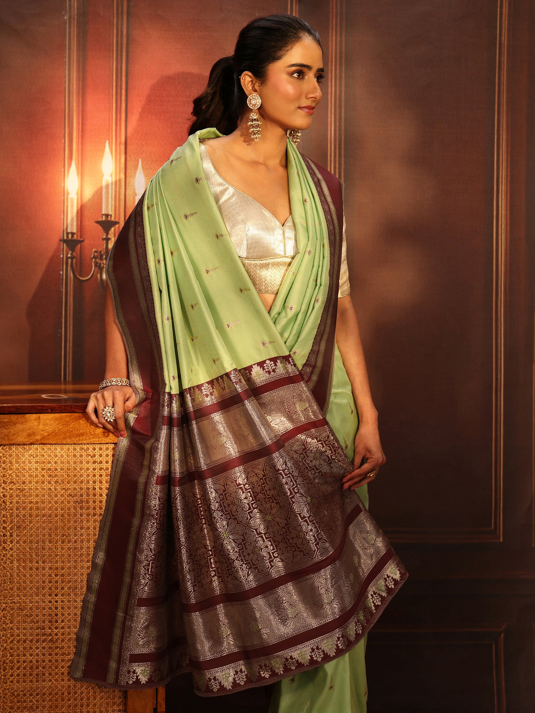  Libas Pista Green Kanjeevaram Silk Blend Saree 