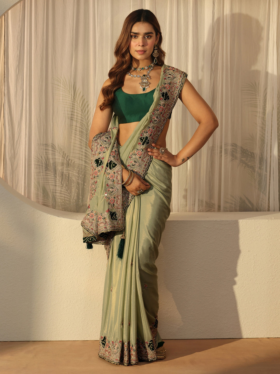  Libas Pista Green Satin Saree with Embellished Border 