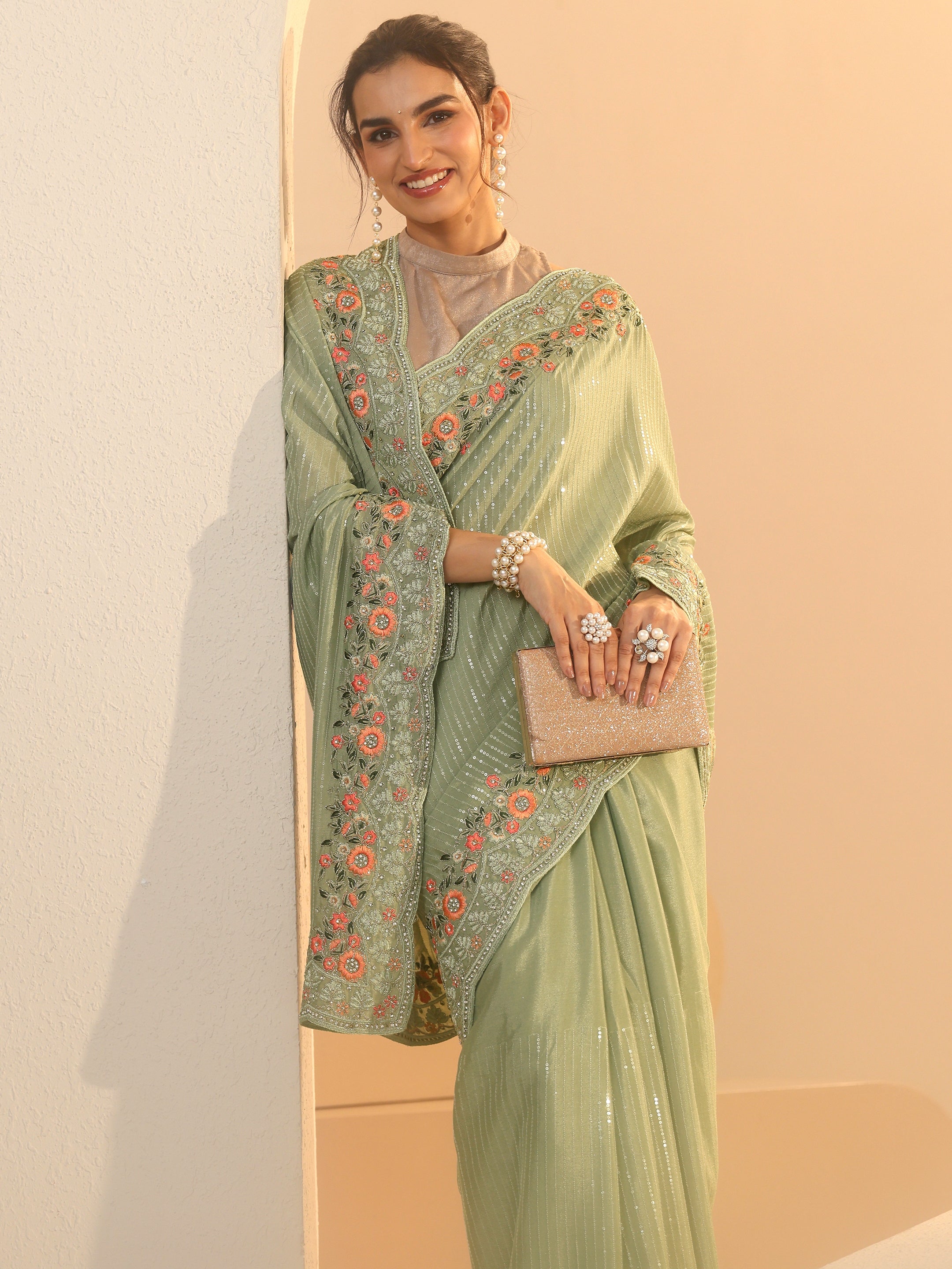 Libas Pista Green Striped Embellished Chiffon Saree with Floral Border-image-4