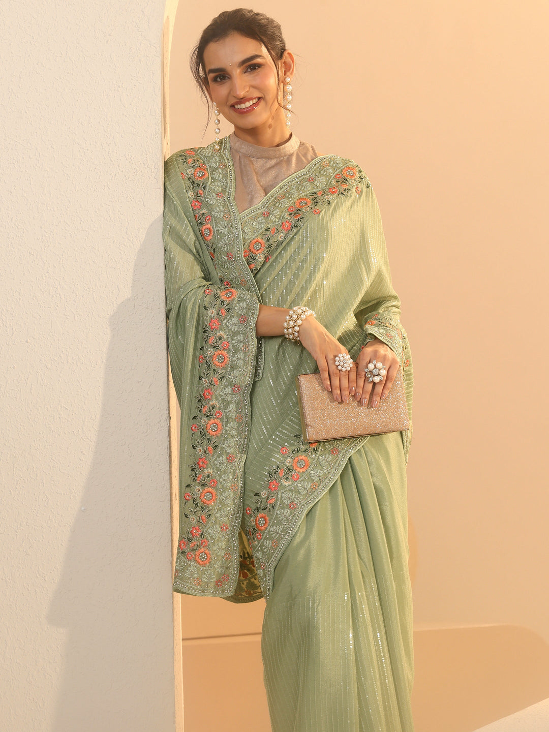 Libas Pista Green Striped Embellished Chiffon Saree with Floral Border 