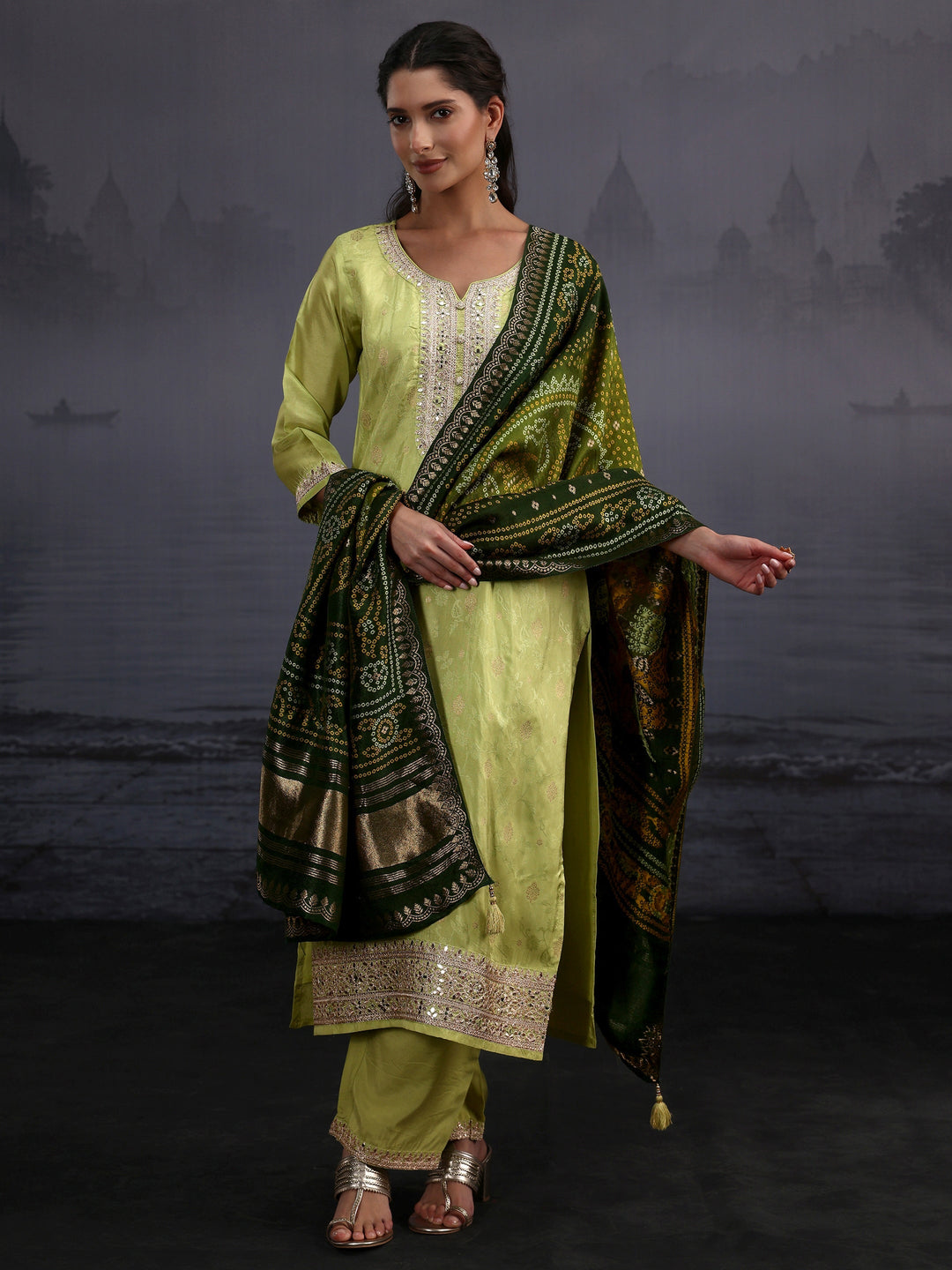 Libas Pista Green Woven Design Silk Blend Straight Suit Set