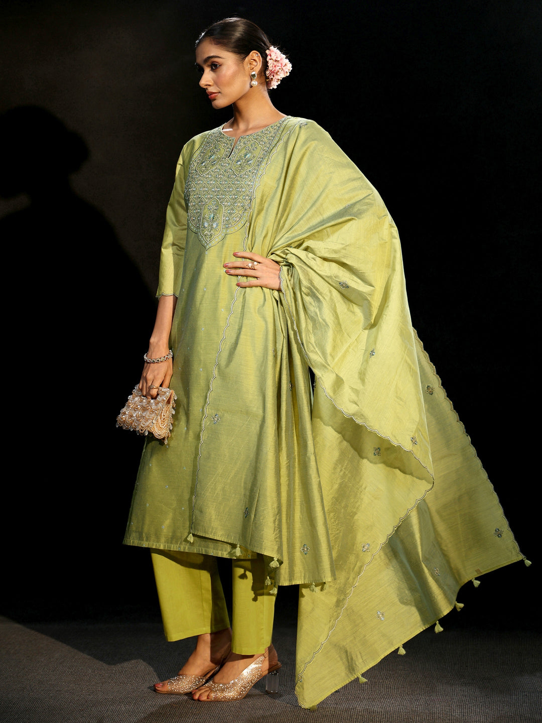  Libas Pista Green Yoke Embroidered Chanderi Silk Straight Suit Set 