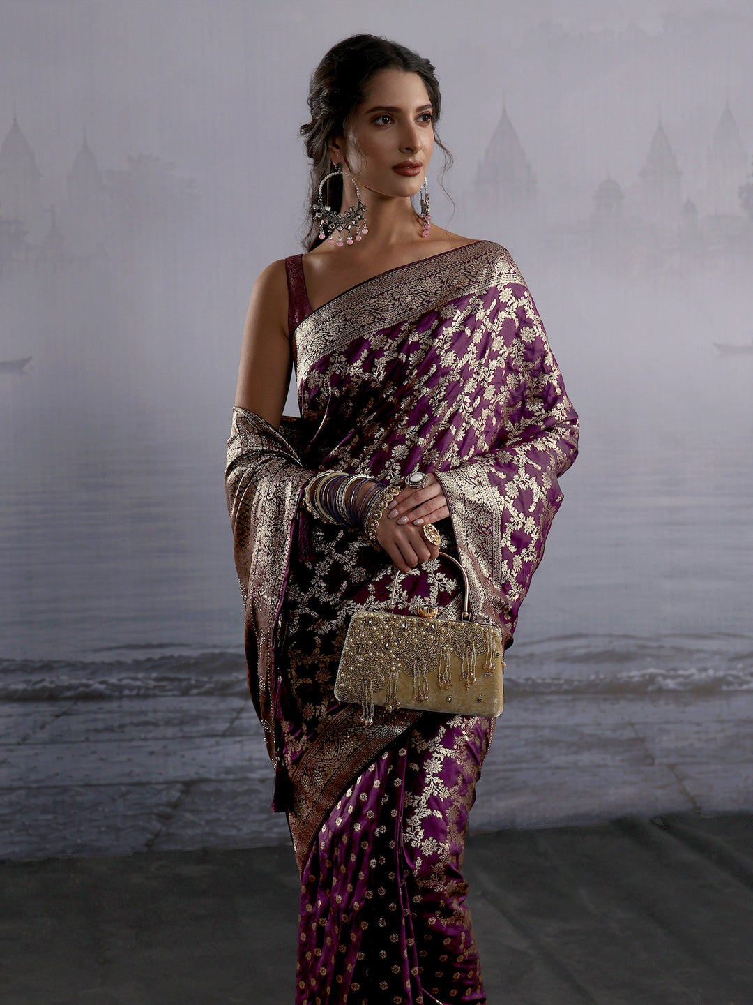  Libas Plum Purple Banarasi Brocade Tassel Saree 