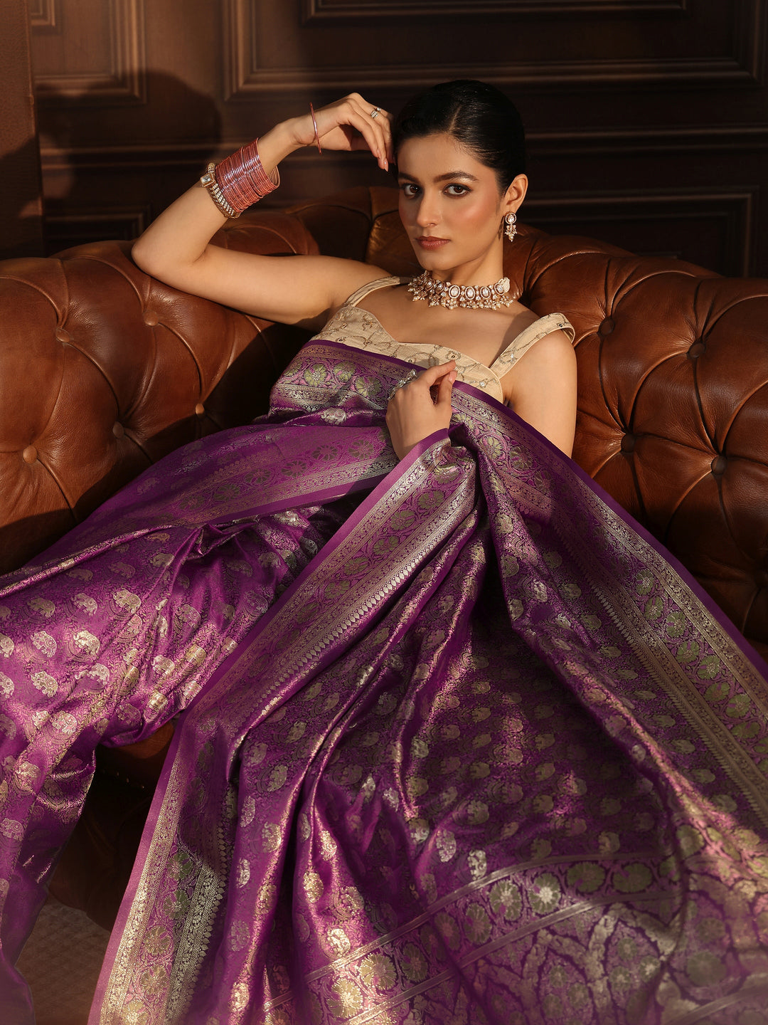 Libas Plum Purple Banarasi Silk Blend Tassel Saree