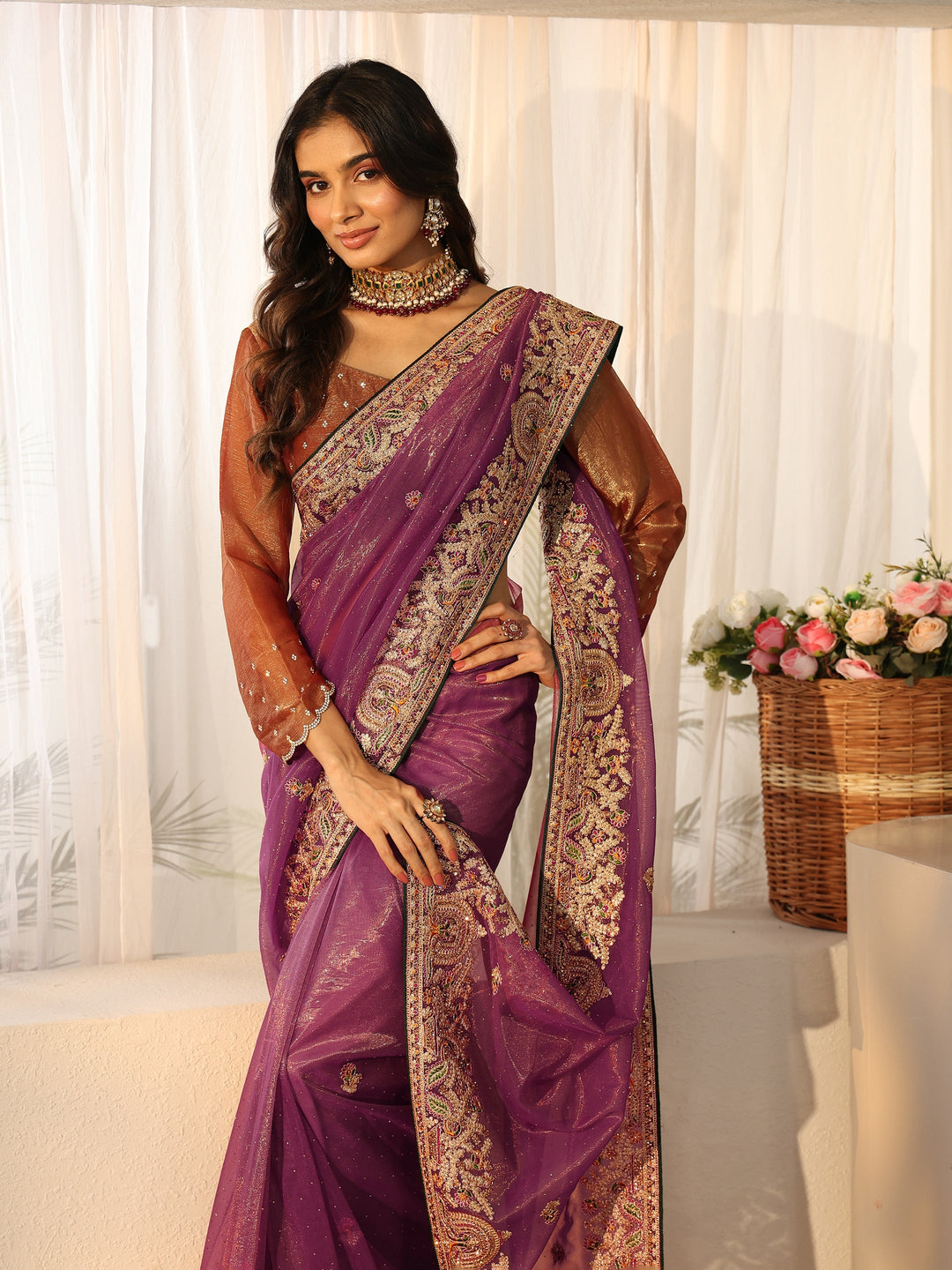  Libas Plum Purple Floral  Embroidered Net Saree 