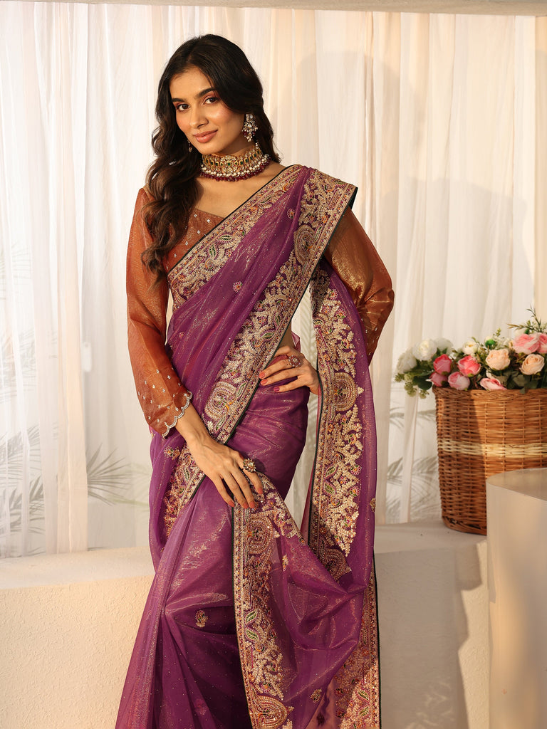 Libas Plum Purple Floral Embroidered Net Saree