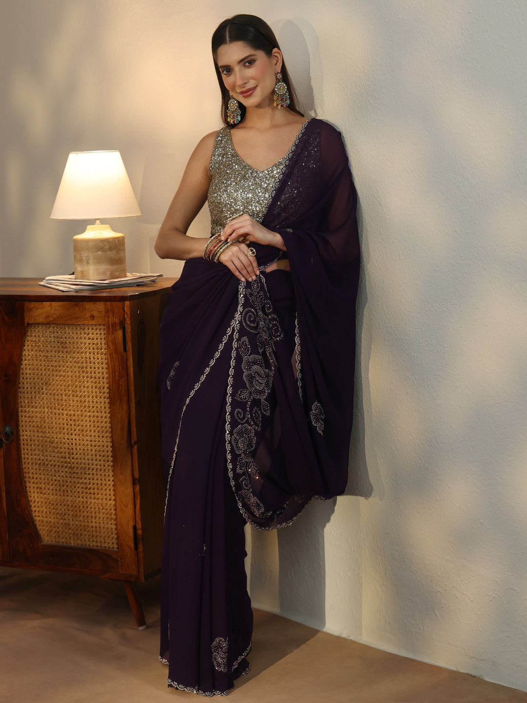  Libas Plum Purple Floral Embellished Georgette Saree 