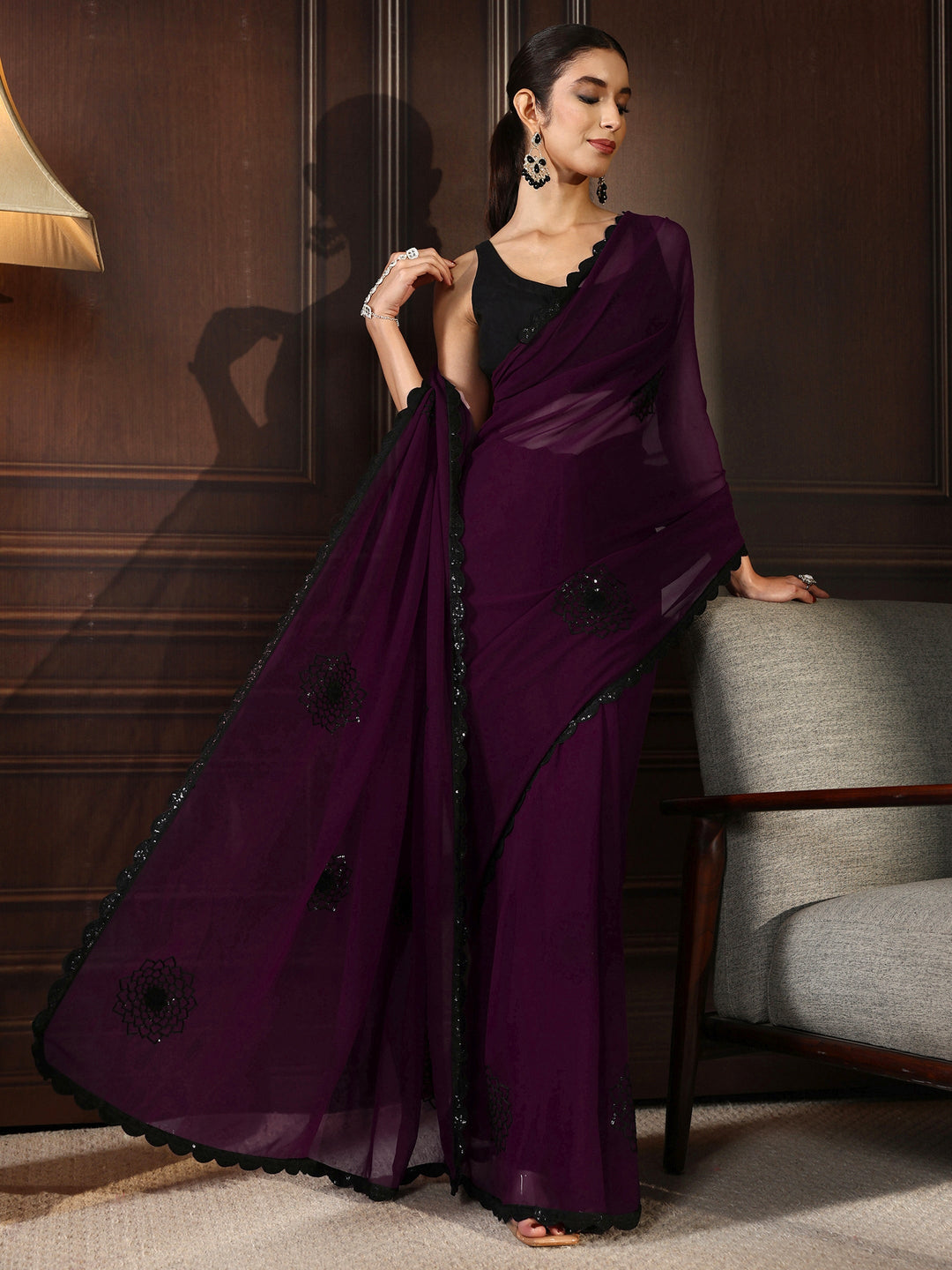  Libas Plum Purple Floral Sequin Embellished Georgette Saree 