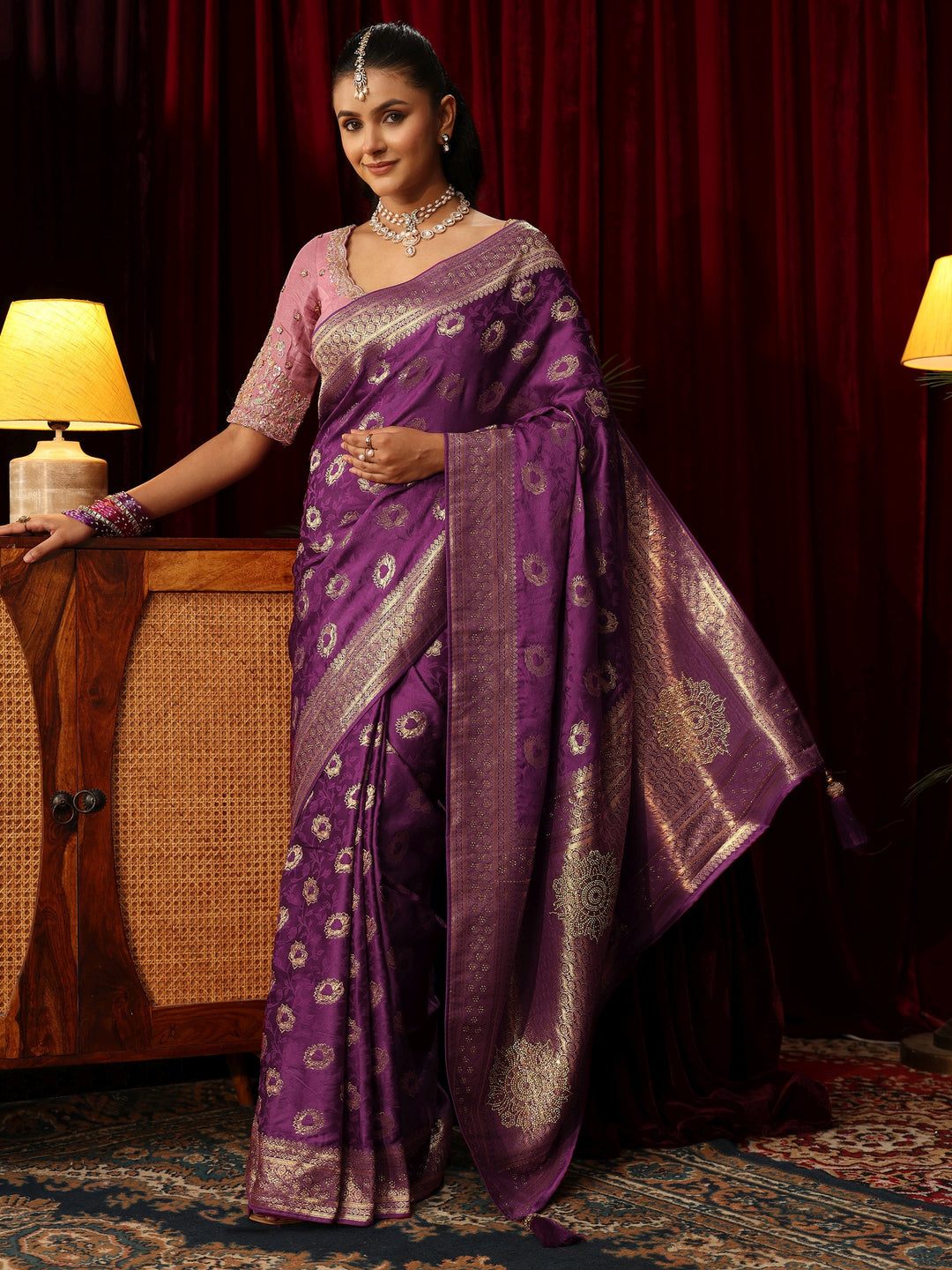  Libas Plum Purple Floral Woven Design Satin Saree with Stone Work 