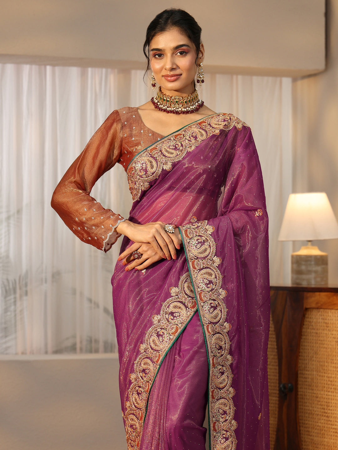  Libas Plum Purple Net Saree with Embellished Paisley Border 
