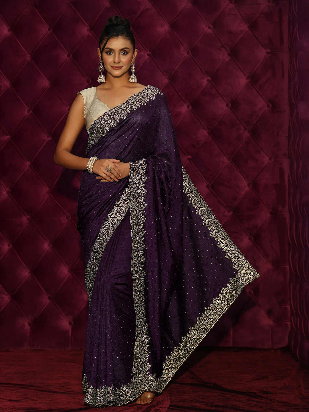 Libas Plum Purple Stone Work Embellished Silk Blend Saree