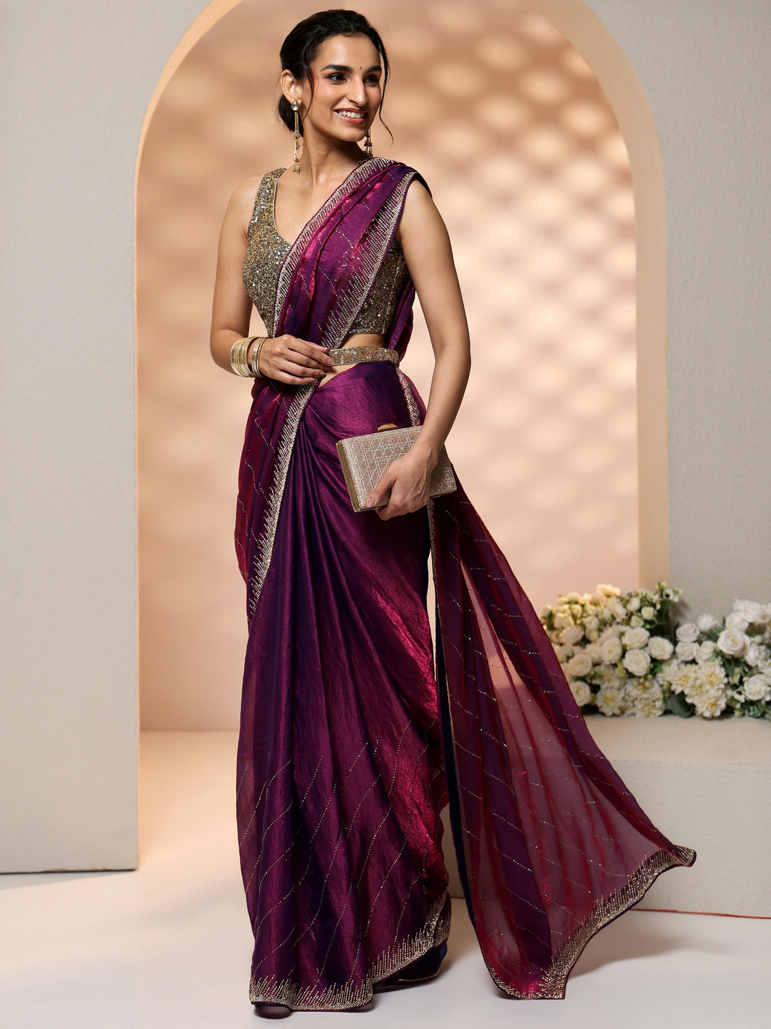  Libas Plum Purple Stone Work Striped Embellished Tissue Saree 