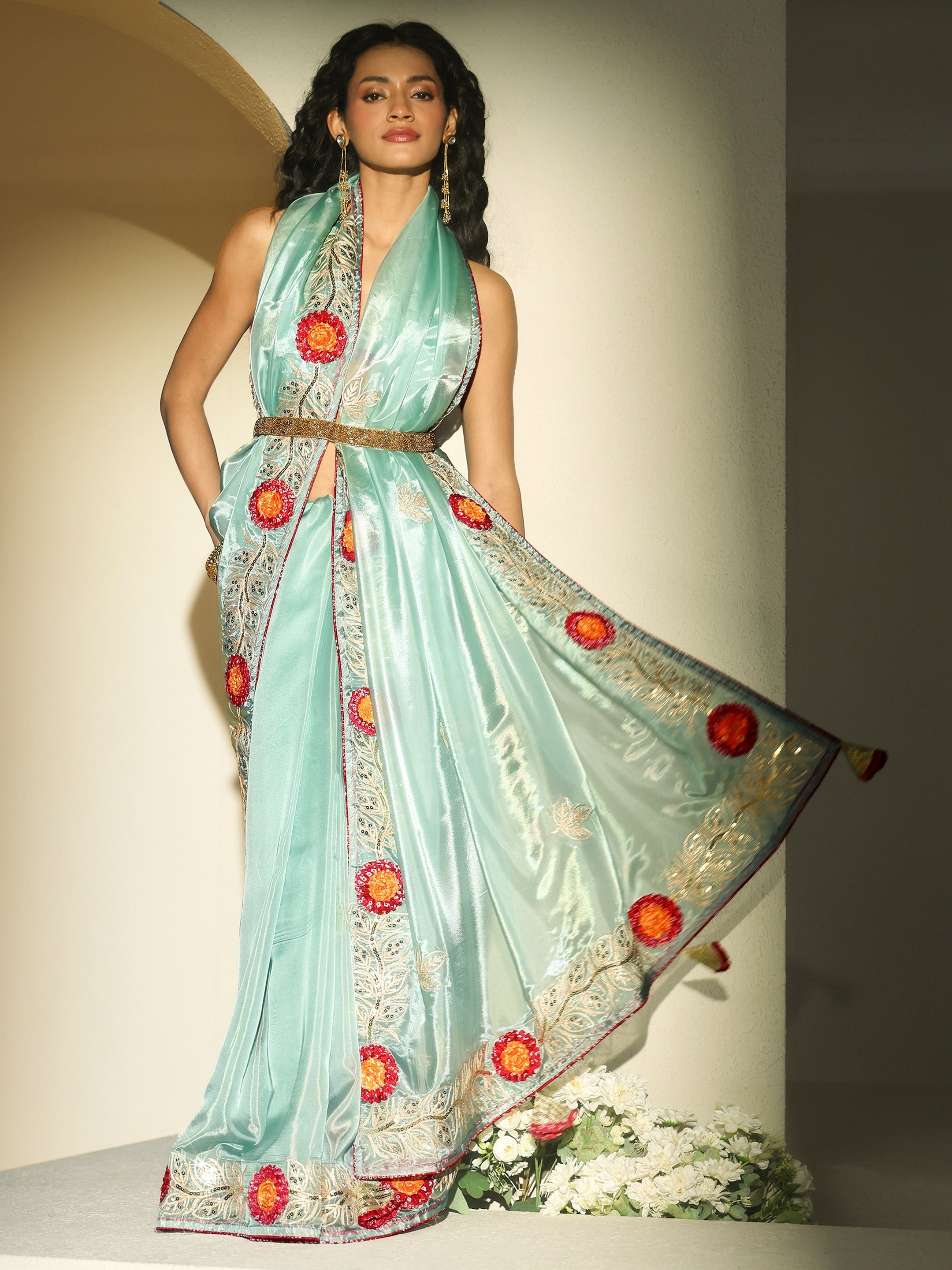 Libas Powder Blue Floral Embellished Tissue Saree-picture-27
