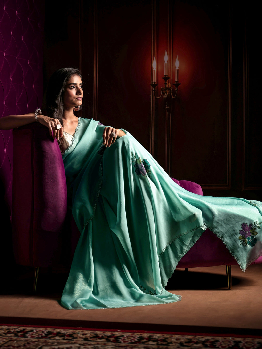  Libas Powder Blue Floral Embellished Tissue Saree 