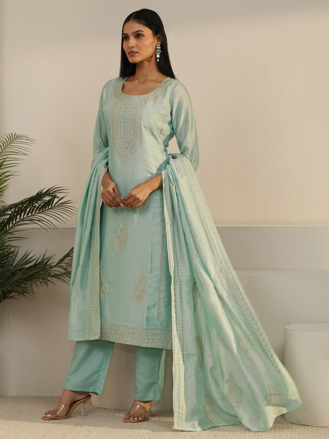  Libas Powder Blue Paisley Embellished Silk Blend Straight Suit Set 