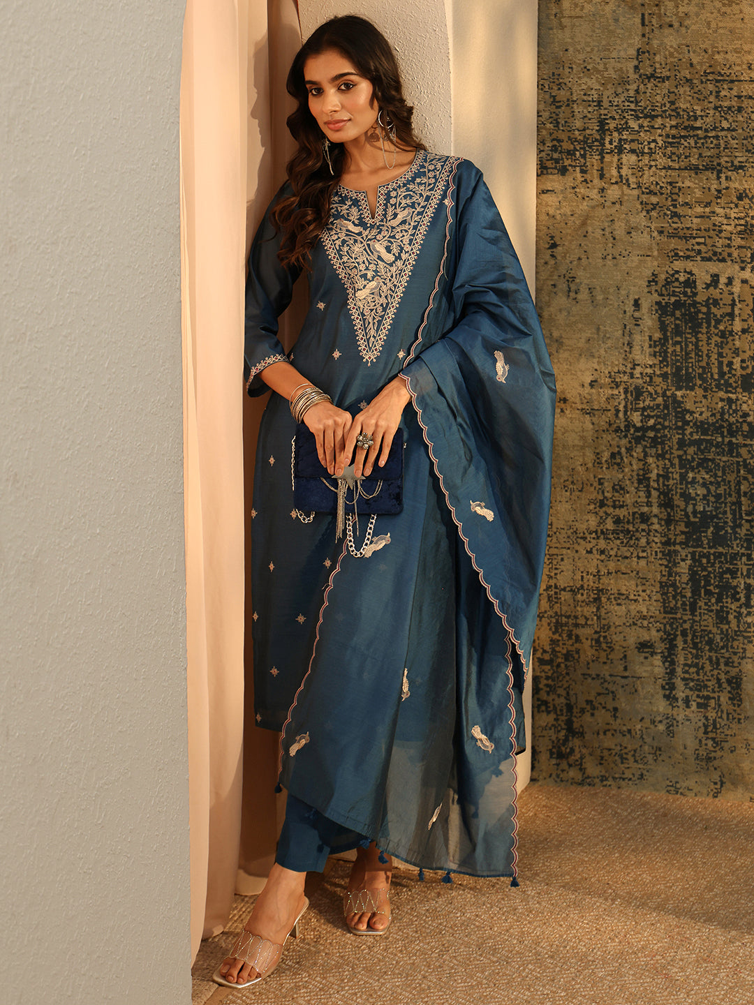 Libas Prussian Blue Embroidered Chanderi Silk Straight Suit Set-image-12