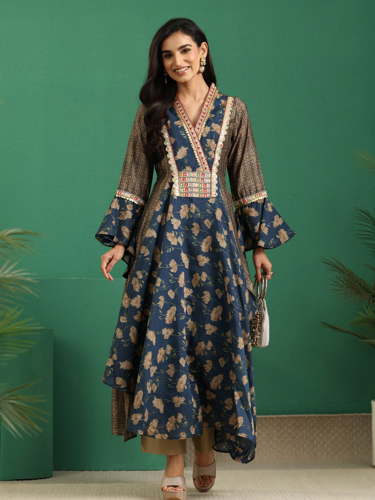 Libas Prussian Blue Floral Printed Silk Blend Cowl Style Kurta