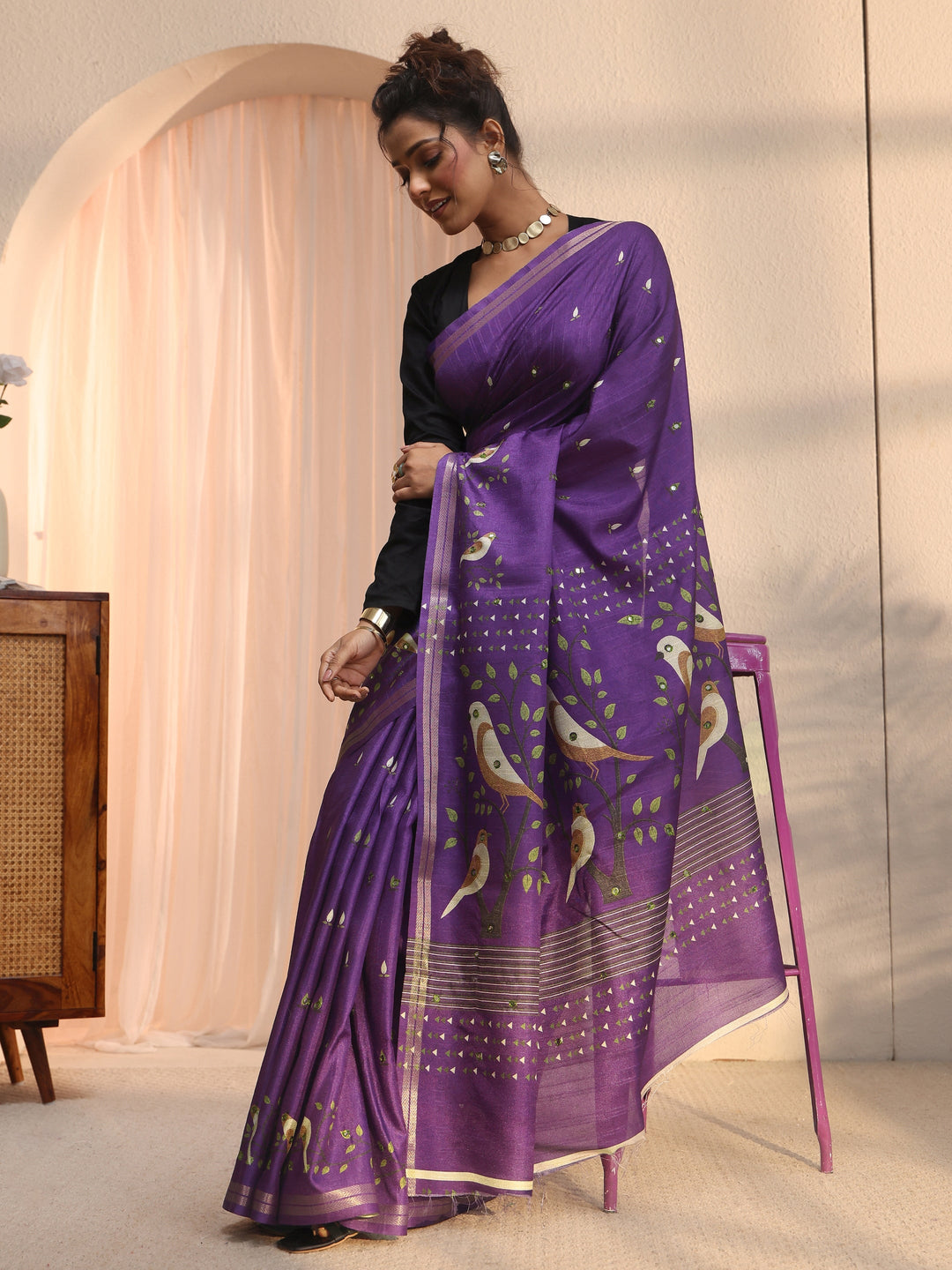  Libas Purple Bird Woven Design Pallu Silk Blend Saree 