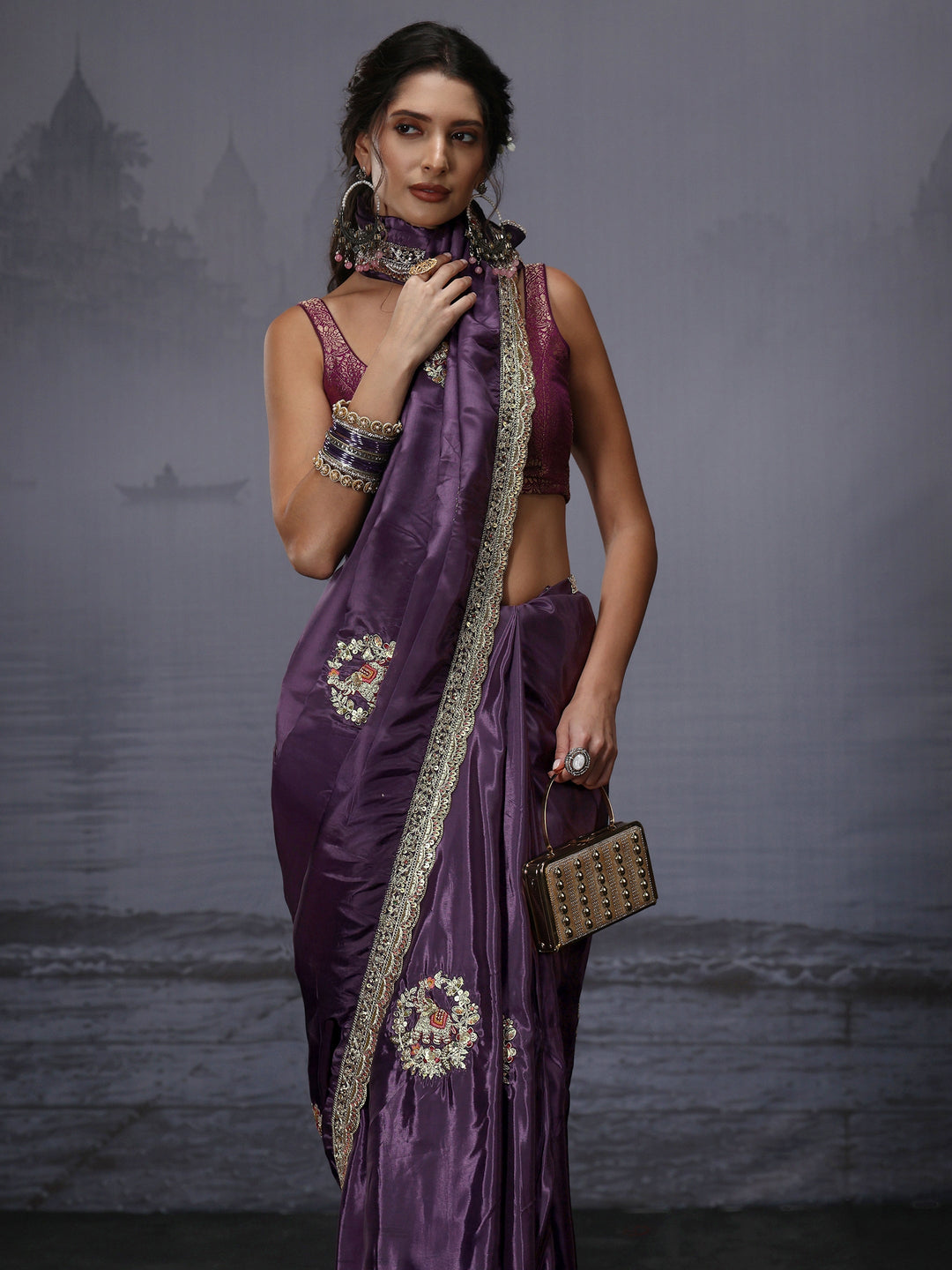  Libas Purple Elephant Motif Embroidered Satin Saree 