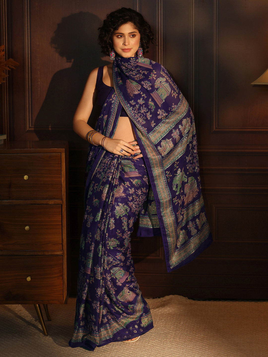 Libas Purple Ethnic Printed Georgette Saree