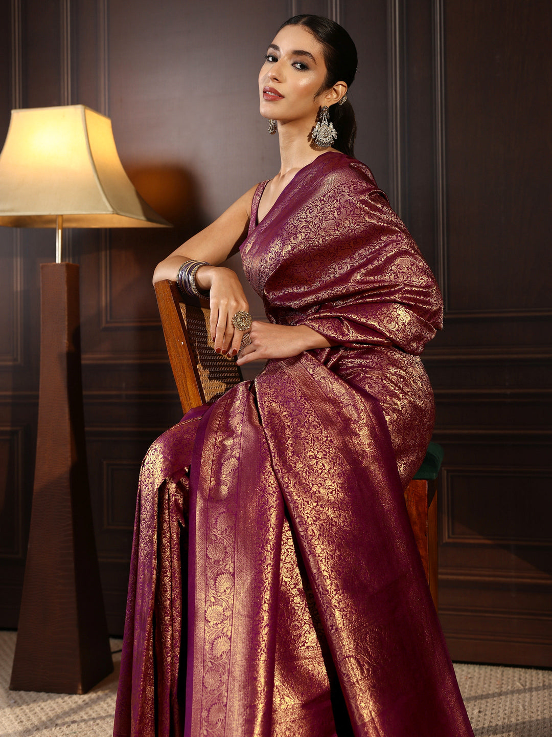 Libas Purple Ethnic Woven Design Silk Blend Tassel Saree