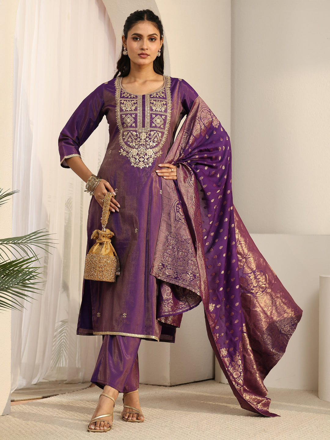 Libas Purple Floral Embellished Silk Blend Straight Suit Set