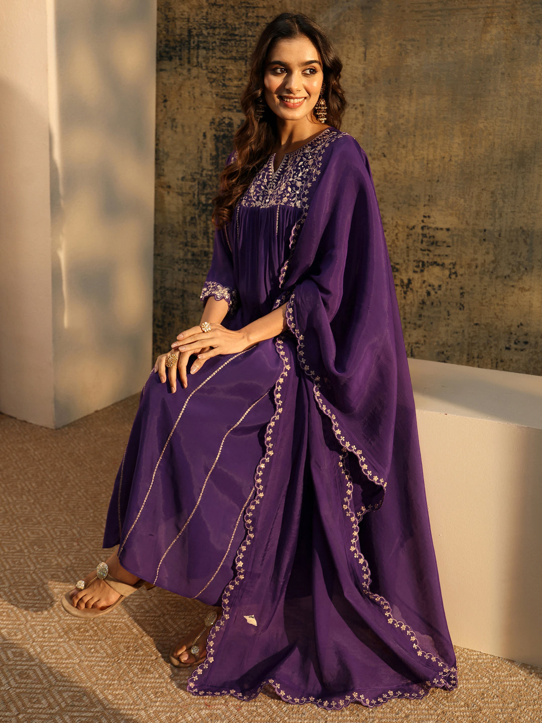  Libas Purple Floral Embroidered Chanderi Cotton Empire Anarkali Suit Set 