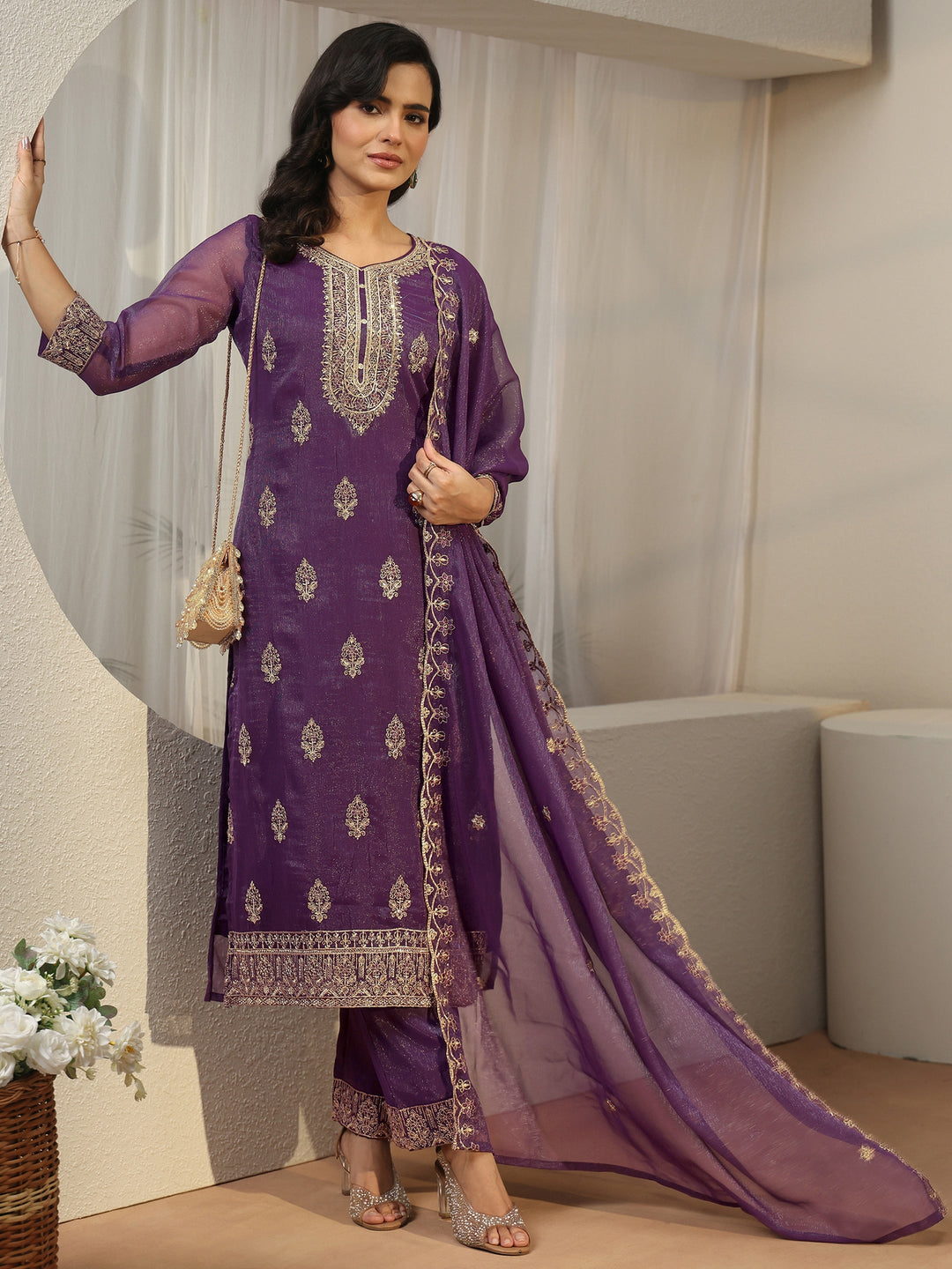  Libas Purple Floral Embroidered Chinon Straight Suit Set 